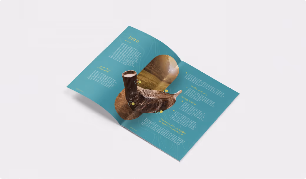 Open brochure with teal background featuring an image of a woven basket and text sections titled Intro and others.