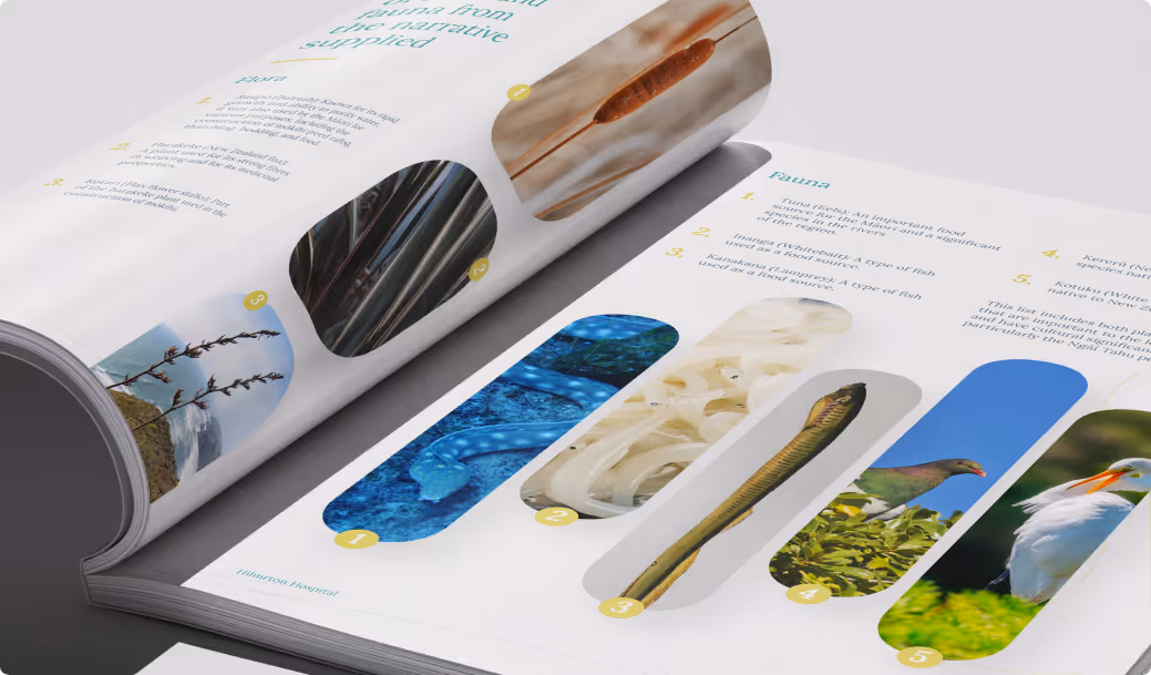 Open book displaying pages with numbered vertical photo cutouts depicting aquatic animals and birds, alongside text descriptions titled 'Fauna'.