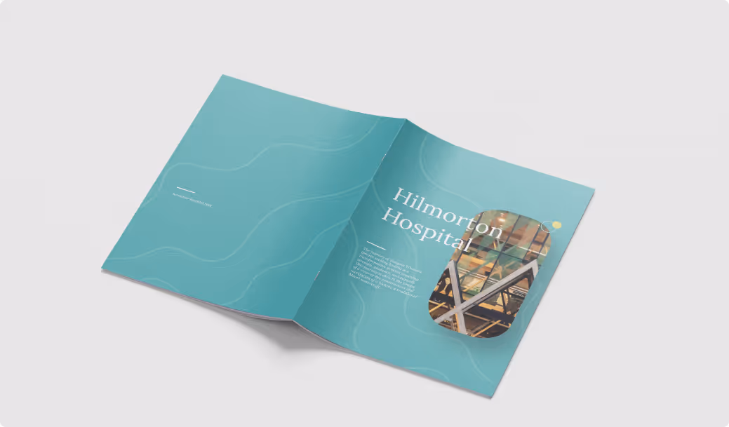 Open brochure with a teal design titled 'Hilmorton Hospital' featuring a circular photo insert of hospital interior scaffolding.